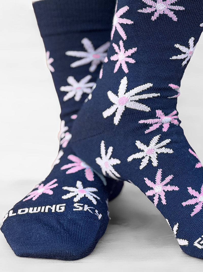 Accessories - S16 Navy Unisex Merino Flower Sock - Glowing Sky New Zealand